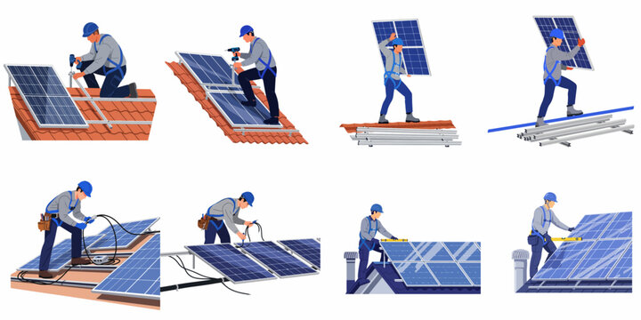 Collection of illustrations showing a professional technician installing, mounting, and connecting solar panels on rooftops for renewable energy systems.