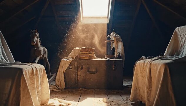 Dust motes dance in attic sunbeam illuminating old objects