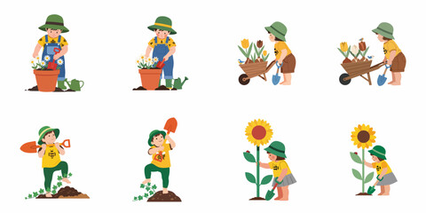 Fototapeta premium Set of cute children gardening, planting flowers, and using garden tools, isolated on a white background.