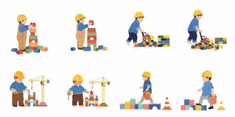 Fototapeta premium Illustrations of a little boy in a construction worker outfit playing with building blocks, a toy crane, and a bulldozer.