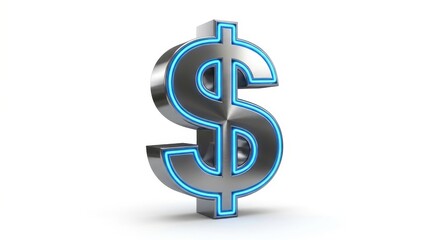 Obraz premium A gleaming metallic dollar sign with a vibrant blue neon outline glows against a clean white background, symbolizing wealth and finance.