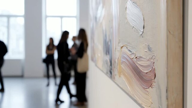 Art Gallery Exhibition Shallow Depth of Field Abstract Painting Foreground Blurred Visitors Background 4K