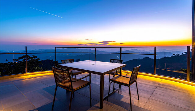 Outdoor dining table with sunset ocean view terrace 夕焼けの海を望むテラスのダイニングテーブル