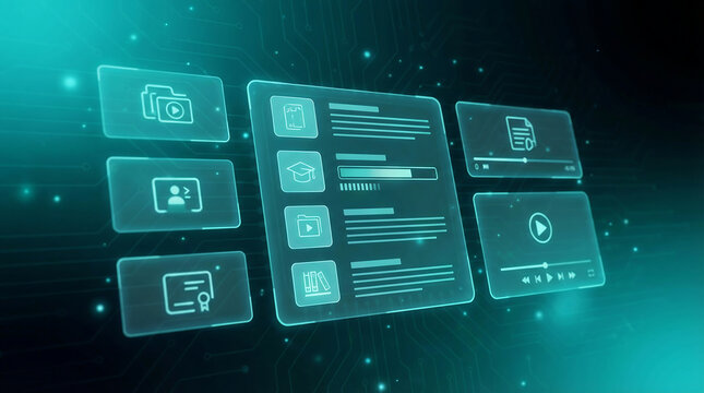 Online learning app icons floating futuristic design digital education technology interface glowing buttons 4k Generative AI