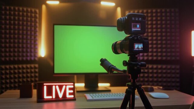 Professional live stream setup with a camera, green screen monitor and soundproofing for online broadcasting. Available on 4K video.