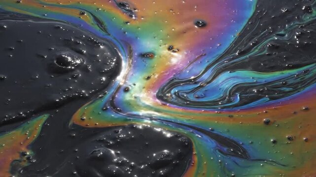 Iridescent Oil Slick Refracts Sunlight Creating a Vibrant Rainbow Spectrum on Dark Liquid Surface