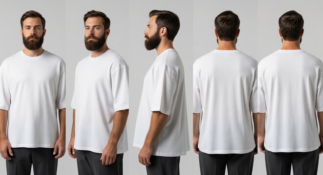 Man showcasing oversized white t-shirt from front side and back views against a neutral background ideal for fashion presentation and apparel mockups