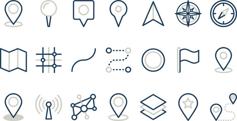 A diverse set of minimalist line art icons representing navigation, location, maps, routes, and connectivity. © NeoVector