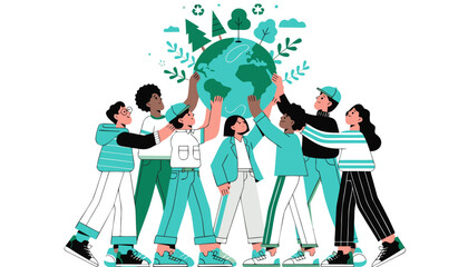 Obraz premium Diverse group of people lifting a globe surrounded by trees and plants, celebrating International Mother Earth Day with a focus on environmental awareness and sustainability