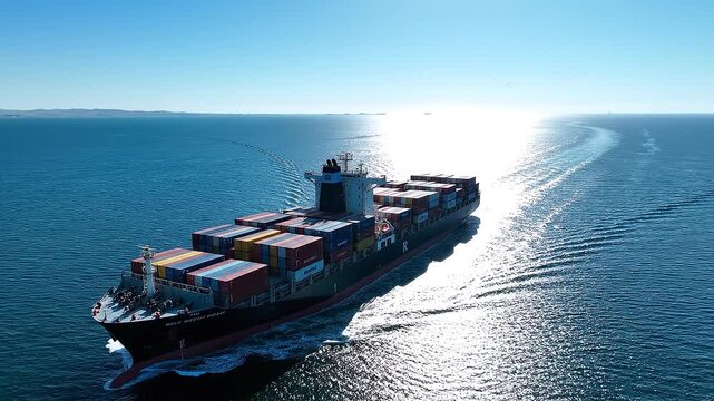 container vessel traveling across Strait of Hormuz trade route, calm blue sea and distant horizon, Vast ocean stretches under clear blue sky. 