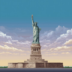 Fototapeta premium Statue of Liberty recreated in a voxel-style design using large cubic blocks, Modern digital aesthetic.