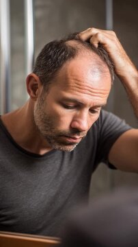 Man observing hair loss in mirror contemplating hair thinning concerns while sitting in bathroom showcasing self-reflection and emotional struggle with appearance issues.