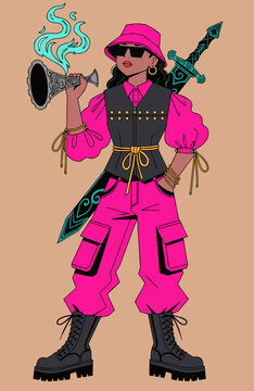 Fantasy Adventurer Character in Magenta and Pink Outfit