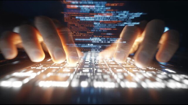 Hacker Typing Code on Illuminated Keyboard