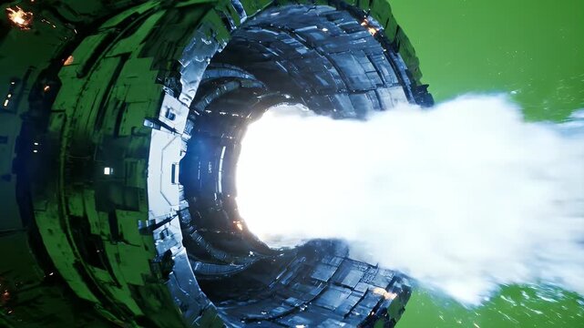 Close-up of a spacecraft's engine firing, bright light and exhaust against a green backdrop