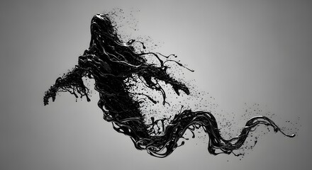 Fototapeta premium Abstract Liquid Black Ghost Fluid Splatter and Drip Trail in Motion on Grey