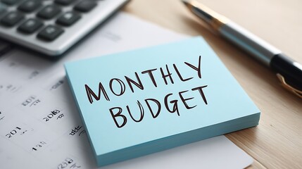 Obraz premium Close-up of Monthly Budget message on blue paper note for financial planning, money management, expense tracking, against a spreadsheet background