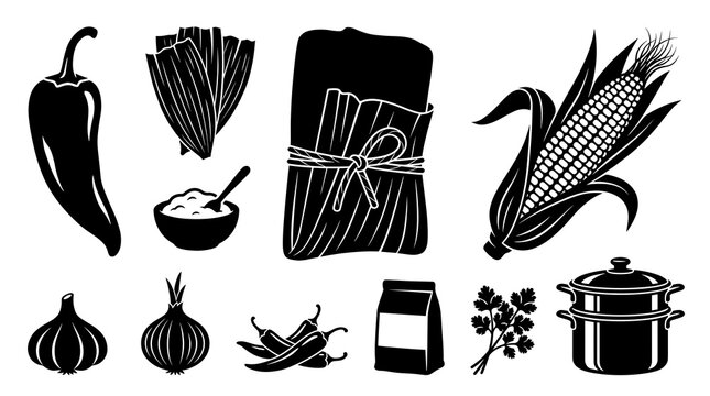 Authentic mexican tamale recipe ingredients vector collection. Black and white illustrations of corn, masa flour, husks, chili peppers, garlic, onion, cilantro and steamer pot.
