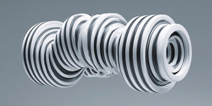 3D render of a stylized, segmented, and cylindrical object with a gray and white striped design