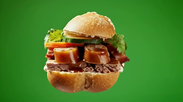 Close up cinematic food commercial video of a Vietnamese Banh Mi Thit sandwich with delicious filling against a vibrant green background