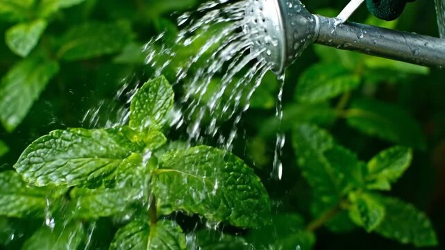 Close-up of fresh mint leaves with water droplets in garden.