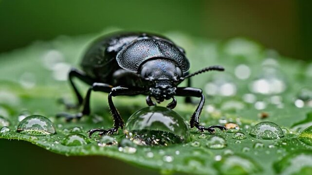 Black beetle on a green leaf with many transparent water droplets in macro shot