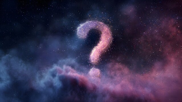 Subtle glowing question mark blending into a soft purple and blue nebula background, evoking calm mystery and cosmic curiosity.