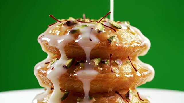Detailed Cinematic Food Commercial Video of Indian Malpua Dessert Topped with Cream and Pistachios on a Green Background