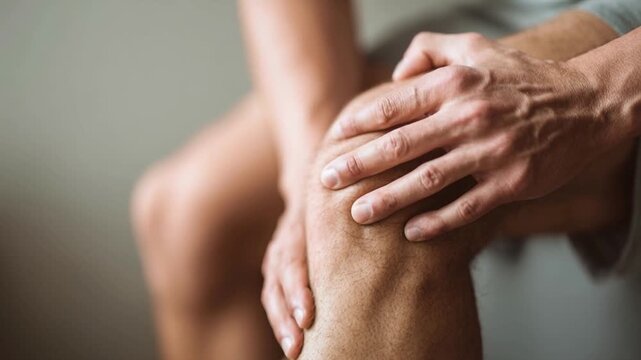 Close-up of hands pressing tight calf muscle, concept of dehydration-related cramps and muscle pain