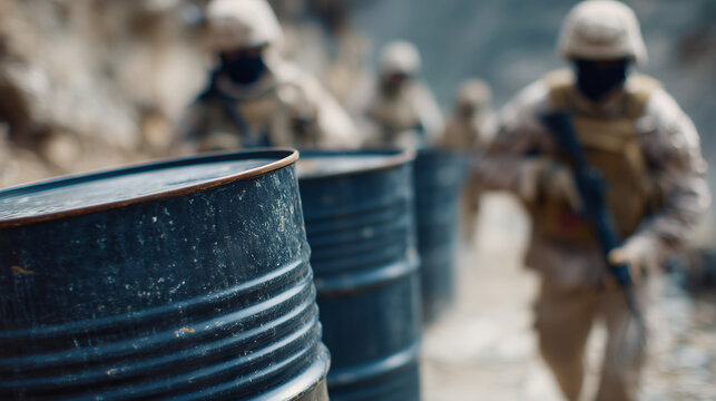 Warriors on Patrol Amidst Oil Barrels: A band of soldiers, clad in combat gear, navigates a rugged, war-torn landscape, with weathered oil barrels standing as silent witnesses to the conflict.