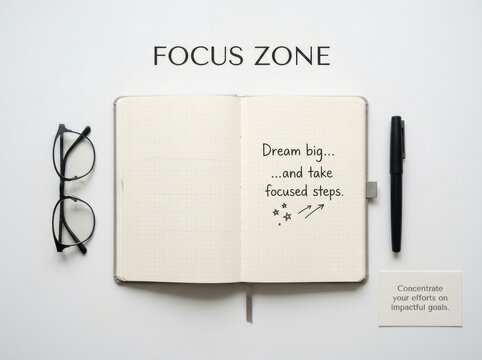 Minimalist desk setup with open notebook, glasses, and pen, offering a clear focus zone for planning and motivation.