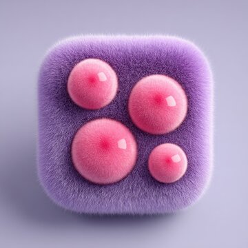 3D rendered square with fluffy purple texture and four pink, glossy, spherical shapes