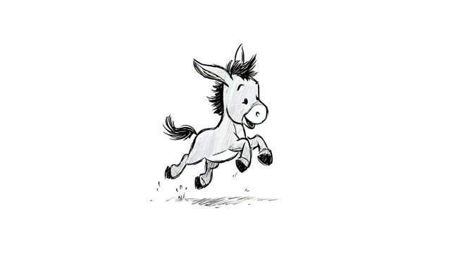 Cute hand-drawn sketch of a playful baby donkey jumping, adorable cartoon foal illustration on white background
