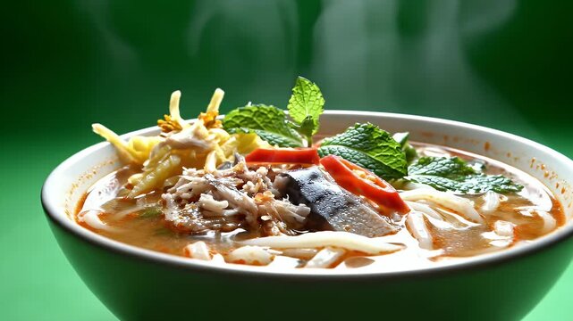 Ultra Detailed Cinematic Food Commercial Video of Asam Laksa Aromatic Noodle Soup With Visible Steam and Fresh Garnishes on Green Background