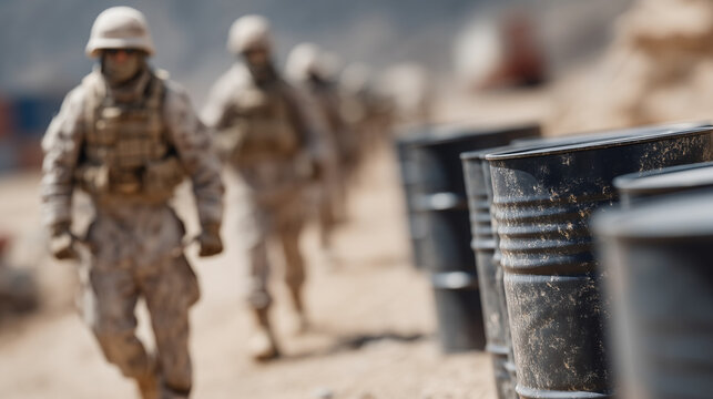 Military March and Barrels: A determined unit of soldiers strides forward, a line of imposing barrels. This image speaks to resilience, determination, and the stark realities of conflict.