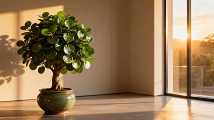 Fototapeta premium Money tree in a serene environment with warm sunlight streaming through the window