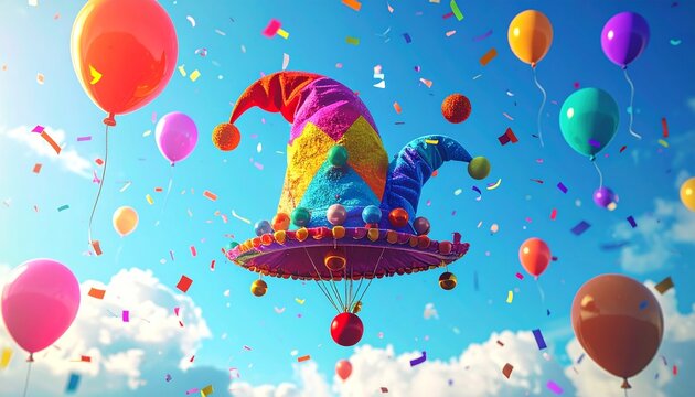 Surreal April Fools' Day Concept with Floating Colorful Jester Hat, Multi-Colored Balloons, and Confetti in a Bright Blue Sunny Sky