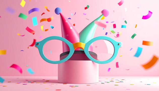 Cute April Fools' Day Character with Jester Hat and Glasses on Pink Podium, Creative Party Celebration Concept with Confetti on Pastel Background