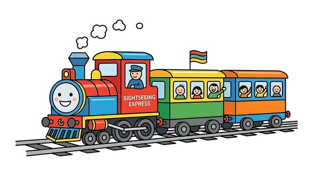 Colorful cartoon train with passengers.