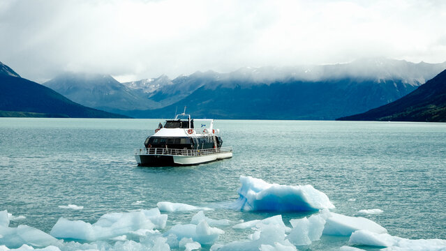 A boat near Perito Moreno Glacier in Patagonia, Argentina
