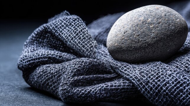 A smooth, grey kidney stone rests on a textured, dark blue fabric, representing a medical condition.