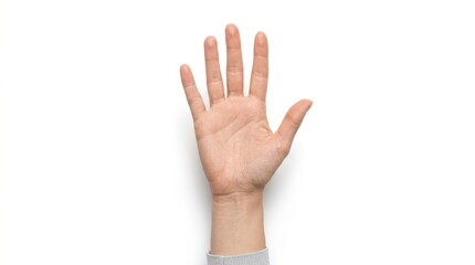 Naklejka premium Open palm hand raised upwards in a gesture of greeting or asking a question, isolated on a clean white background with a bright, neutral mood.