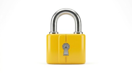 Naklejka premium A bright yellow padlock with a silver shackle is closed and secured, presented in a studio shot against a clean white background.