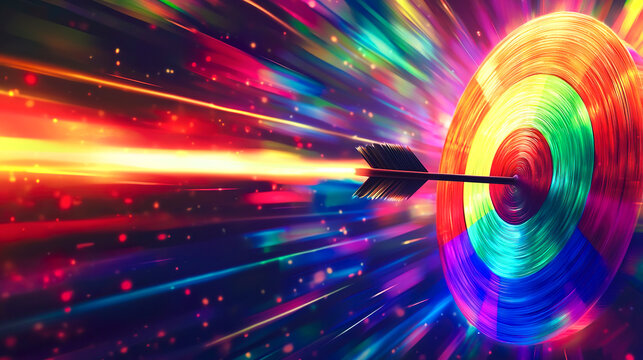 カラフルな光を放つ的の中心を貫く1本の矢