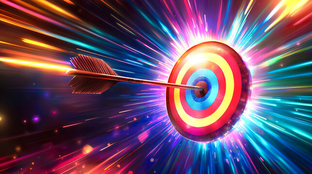 カラフルな光を放つ的の中心を貫く1本の矢