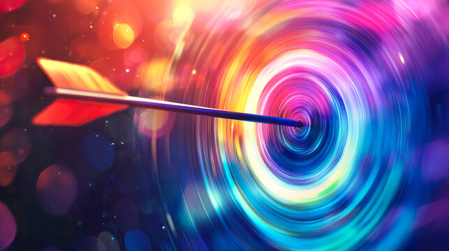 光る虹色のグラデーションの的の中心を貫く1本の矢のクローズアップ