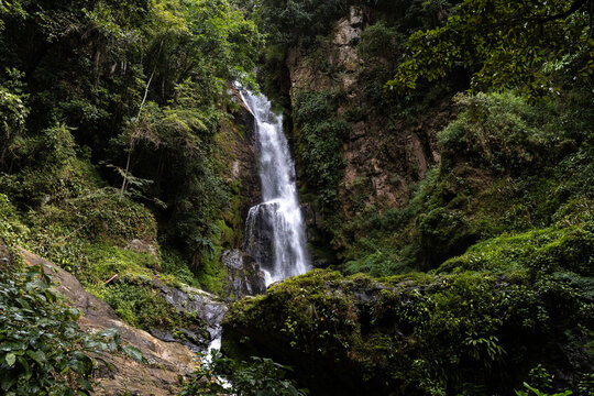 Pristine Tropical Waterfall Cascada Norte in Waraira Repano National Park. Hidden gem along the Rio Norte river in the lush mountains of Guatire, Miranda, Venezuela