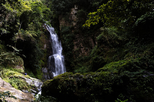 Pristine Tropical Waterfall Cascada Norte in Waraira Repano National Park. Hidden gem along the Rio Norte river in the lush mountains of Guatire, Miranda, Venezuela