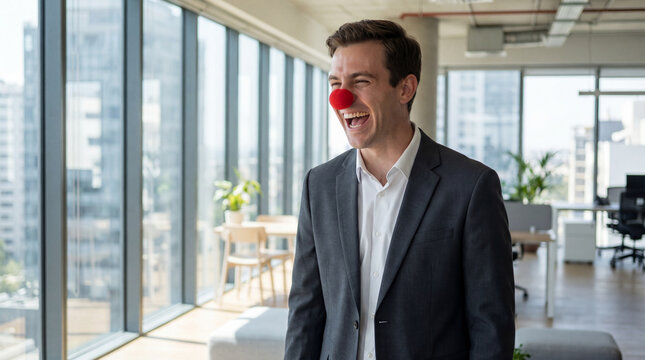 April Fools Day businessman clown nose laughing office humor corporate celebration professional funny moment workplace comedy marketing social media