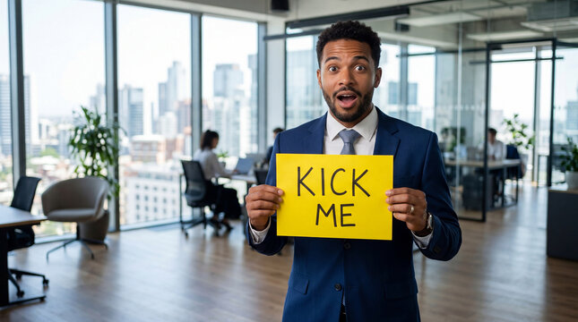 April Fools Day businessman kick me sign surprised office humor corporate celebration professional funny moment workplace comedy prank